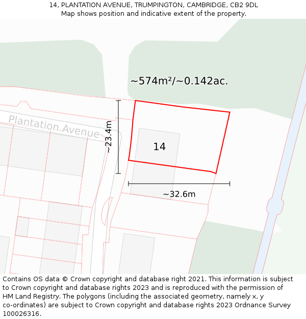 14, PLANTATION AVENUE, TRUMPINGTON, CAMBRIDGE, CB2 9DL: Plot and title map