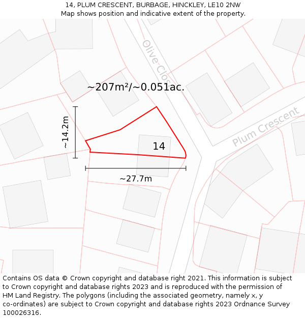 14, PLUM CRESCENT, BURBAGE, HINCKLEY, LE10 2NW: Plot and title map