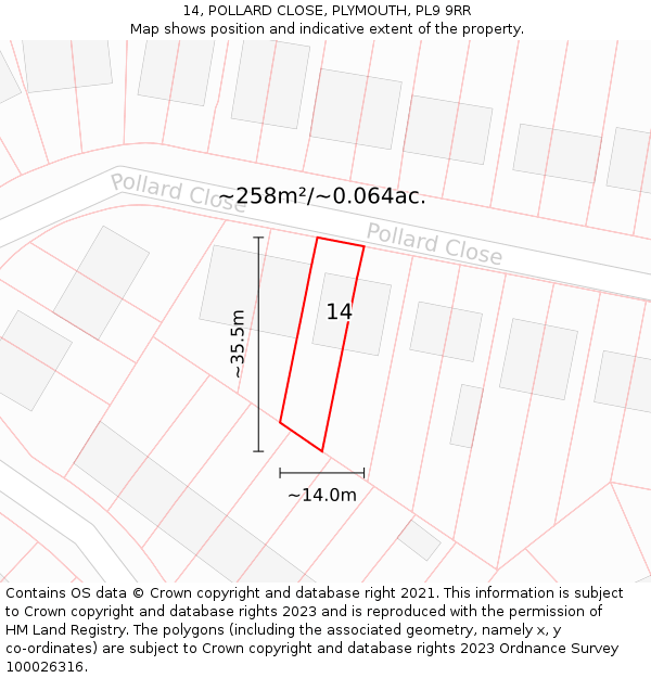 14, POLLARD CLOSE, PLYMOUTH, PL9 9RR: Plot and title map