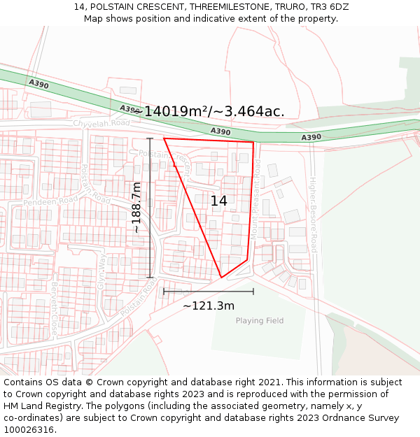 14, POLSTAIN CRESCENT, THREEMILESTONE, TRURO, TR3 6DZ: Plot and title map