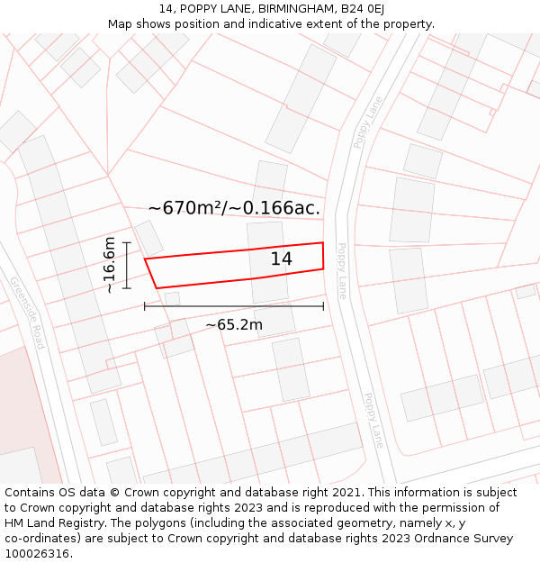 14, POPPY LANE, BIRMINGHAM, B24 0EJ: Plot and title map