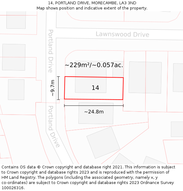 14, PORTLAND DRIVE, MORECAMBE, LA3 3ND: Plot and title map