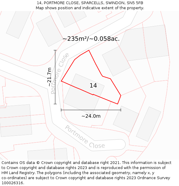 14, PORTMORE CLOSE, SPARCELLS, SWINDON, SN5 5FB: Plot and title map