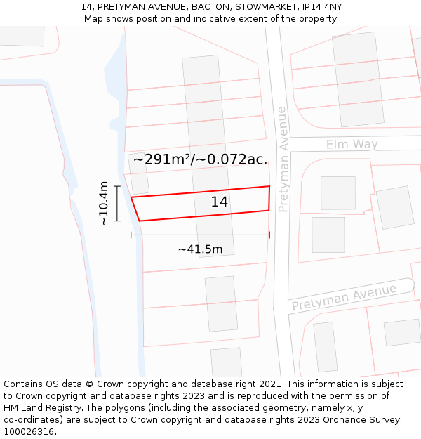 14, PRETYMAN AVENUE, BACTON, STOWMARKET, IP14 4NY: Plot and title map