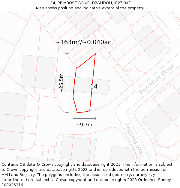 14, PRIMROSE DRIVE, BRANDON, IP27 0XE: Plot and title map