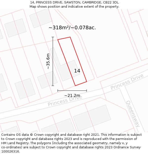 14, PRINCESS DRIVE, SAWSTON, CAMBRIDGE, CB22 3DL: Plot and title map