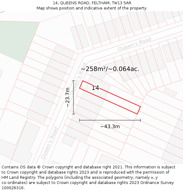 14, QUEENS ROAD, FELTHAM, TW13 5AR: Plot and title map
