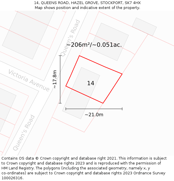 14, QUEENS ROAD, HAZEL GROVE, STOCKPORT, SK7 4HX: Plot and title map