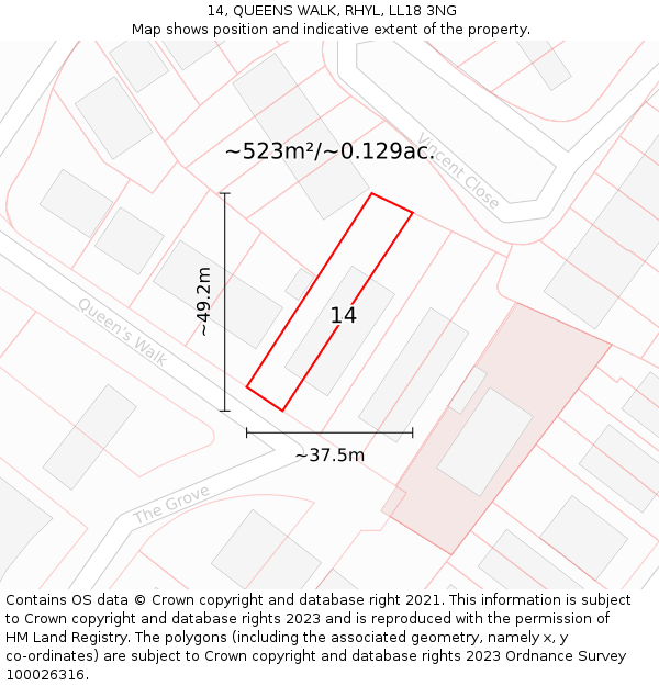 14, QUEENS WALK, RHYL, LL18 3NG: Plot and title map