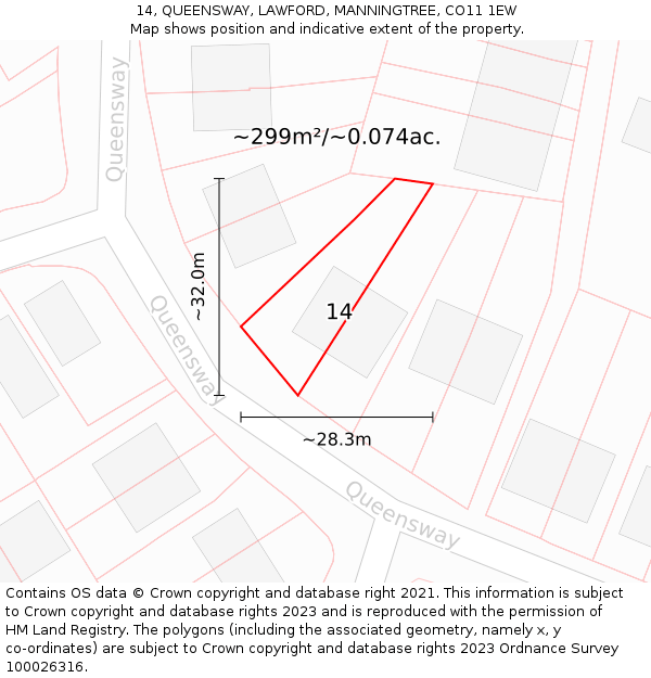 14, QUEENSWAY, LAWFORD, MANNINGTREE, CO11 1EW: Plot and title map