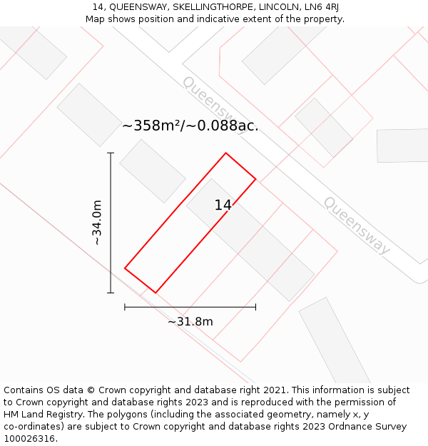 14, QUEENSWAY, SKELLINGTHORPE, LINCOLN, LN6 4RJ: Plot and title map