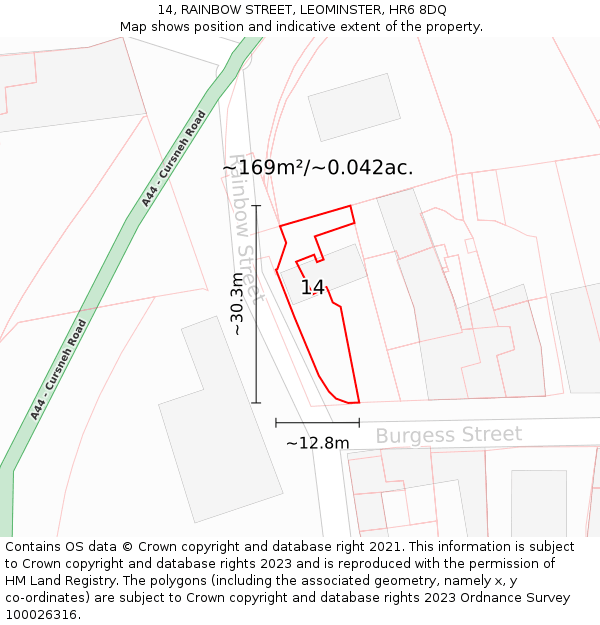 14, RAINBOW STREET, LEOMINSTER, HR6 8DQ: Plot and title map