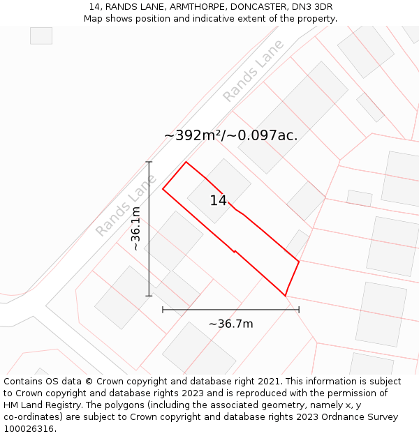 14, RANDS LANE, ARMTHORPE, DONCASTER, DN3 3DR: Plot and title map