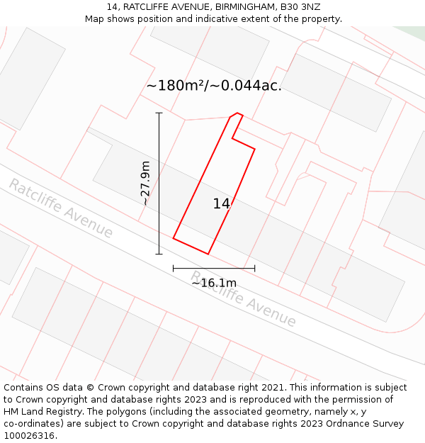 14, RATCLIFFE AVENUE, BIRMINGHAM, B30 3NZ: Plot and title map