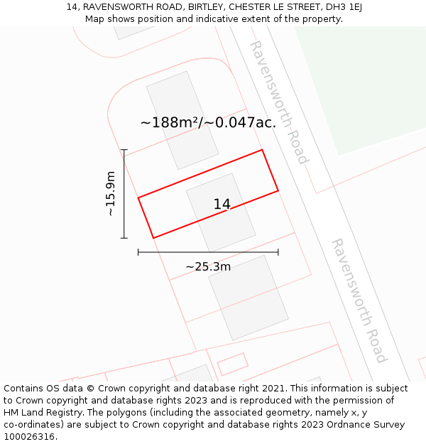 14, RAVENSWORTH ROAD, BIRTLEY, CHESTER LE STREET, DH3 1EJ: Plot and title map