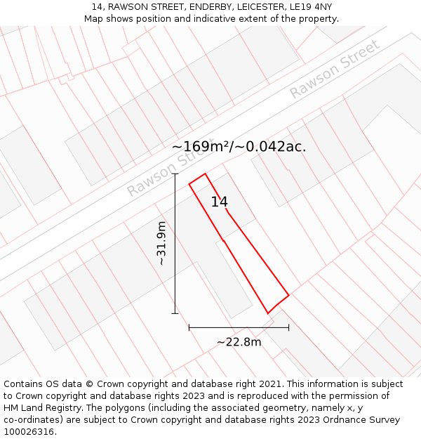 14, RAWSON STREET, ENDERBY, LEICESTER, LE19 4NY: Plot and title map