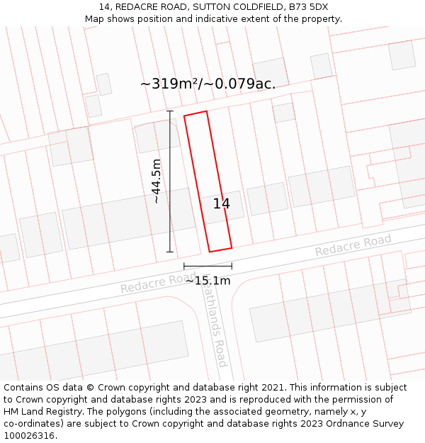 14, REDACRE ROAD, SUTTON COLDFIELD, B73 5DX: Plot and title map
