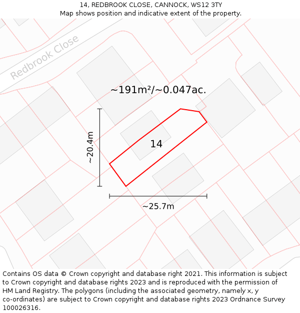 14, REDBROOK CLOSE, CANNOCK, WS12 3TY: Plot and title map