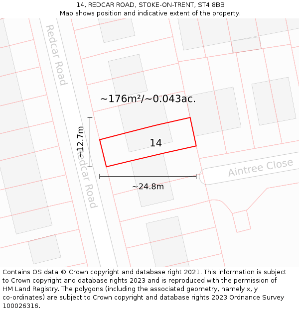 14, REDCAR ROAD, STOKE-ON-TRENT, ST4 8BB: Plot and title map