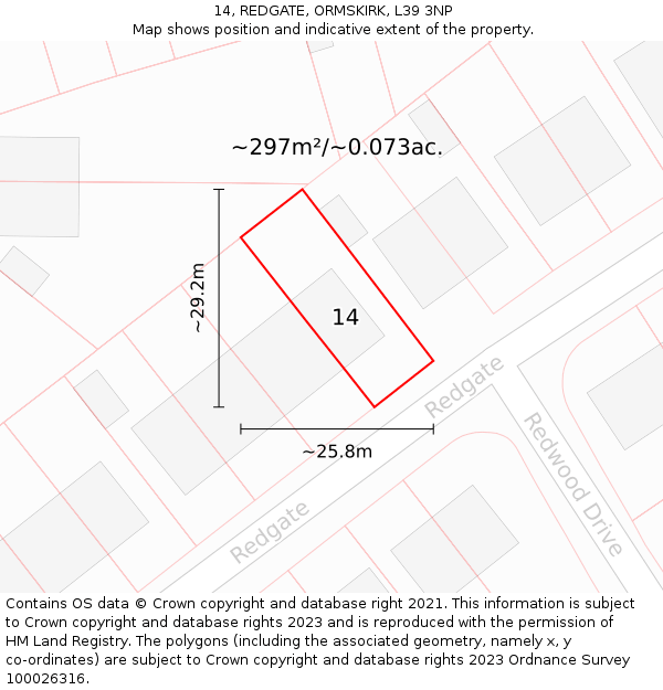 14, REDGATE, ORMSKIRK, L39 3NP: Plot and title map