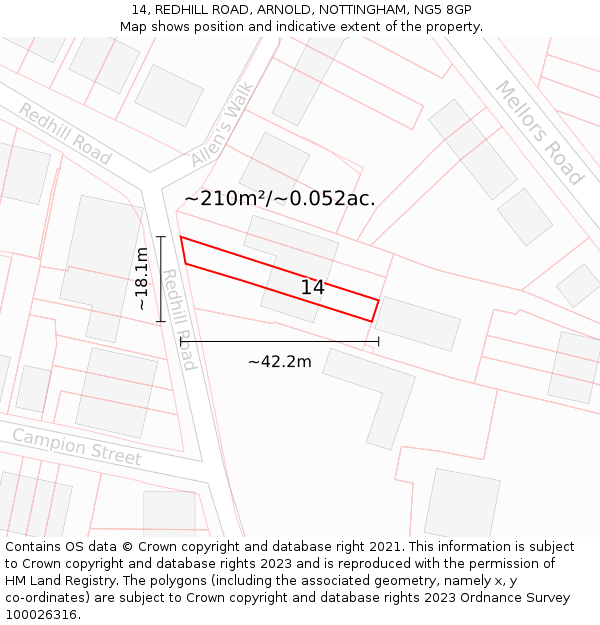 14, REDHILL ROAD, ARNOLD, NOTTINGHAM, NG5 8GP: Plot and title map