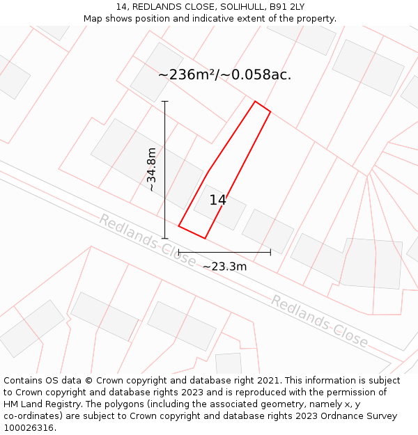 14, REDLANDS CLOSE, SOLIHULL, B91 2LY: Plot and title map