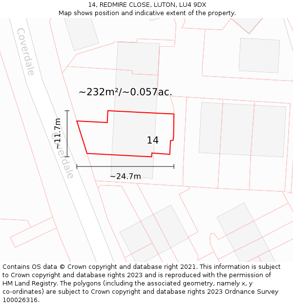 14, REDMIRE CLOSE, LUTON, LU4 9DX: Plot and title map