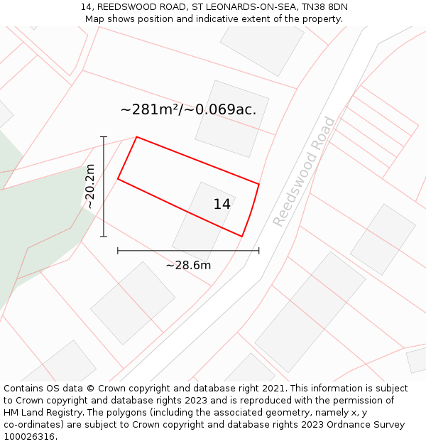 14, REEDSWOOD ROAD, ST LEONARDS-ON-SEA, TN38 8DN: Plot and title map