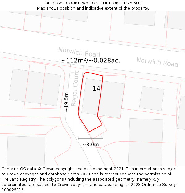 14, REGAL COURT, WATTON, THETFORD, IP25 6UT: Plot and title map