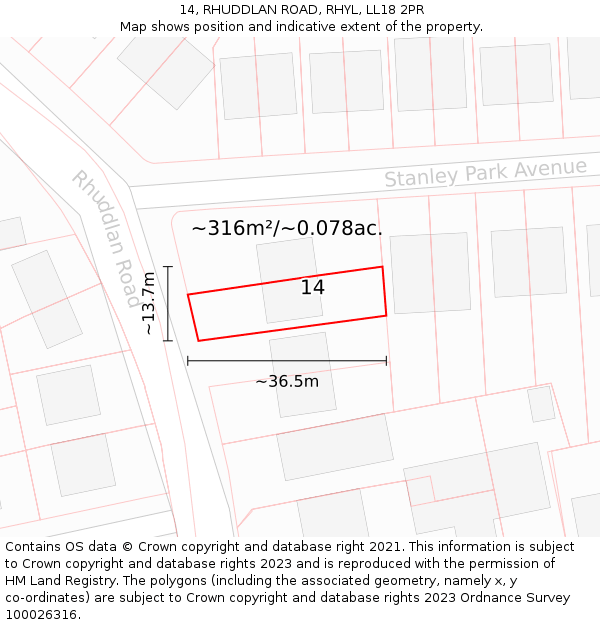 14, RHUDDLAN ROAD, RHYL, LL18 2PR: Plot and title map