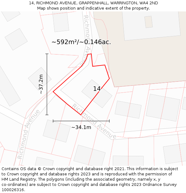 14, RICHMOND AVENUE, GRAPPENHALL, WARRINGTON, WA4 2ND: Plot and title map