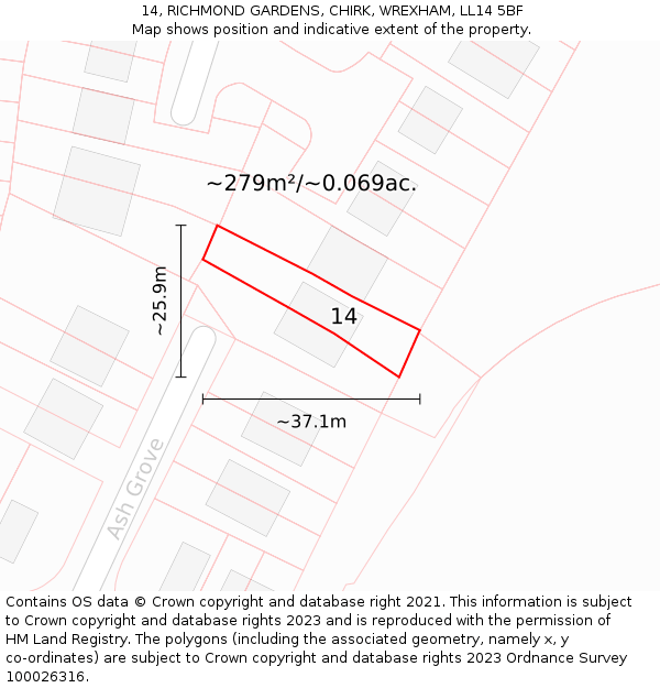 14, RICHMOND GARDENS, CHIRK, WREXHAM, LL14 5BF: Plot and title map