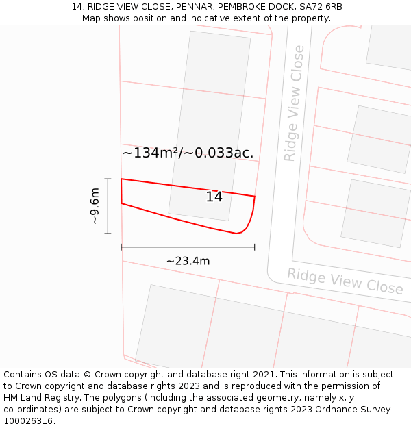 14, RIDGE VIEW CLOSE, PENNAR, PEMBROKE DOCK, SA72 6RB: Plot and title map