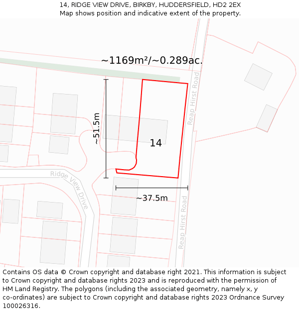 14, RIDGE VIEW DRIVE, BIRKBY, HUDDERSFIELD, HD2 2EX: Plot and title map