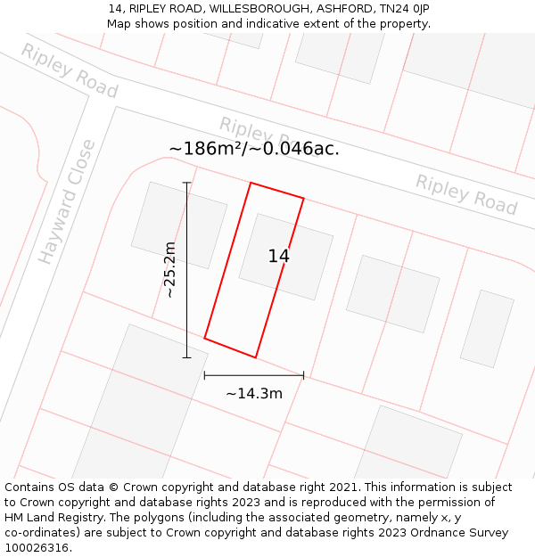 14, RIPLEY ROAD, WILLESBOROUGH, ASHFORD, TN24 0JP: Plot and title map