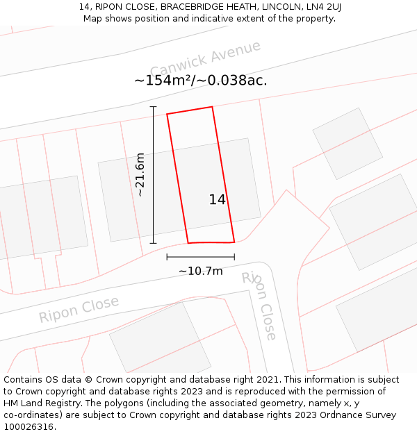 14, RIPON CLOSE, BRACEBRIDGE HEATH, LINCOLN, LN4 2UJ: Plot and title map