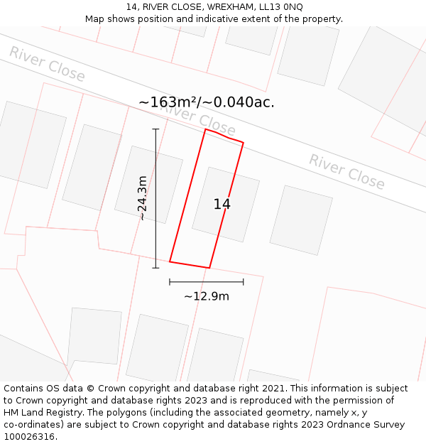 14, RIVER CLOSE, WREXHAM, LL13 0NQ: Plot and title map