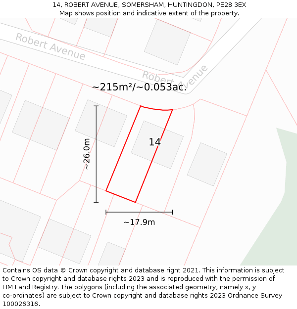 14, ROBERT AVENUE, SOMERSHAM, HUNTINGDON, PE28 3EX: Plot and title map