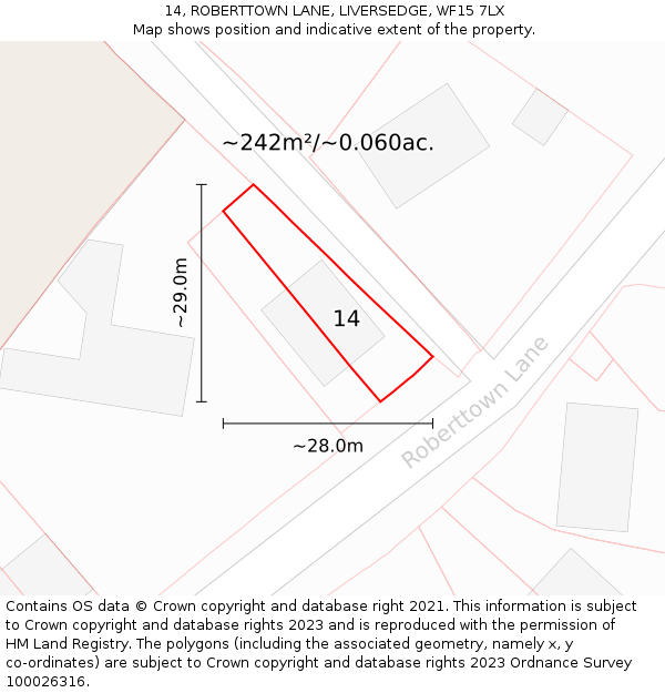 14, ROBERTTOWN LANE, LIVERSEDGE, WF15 7LX: Plot and title map