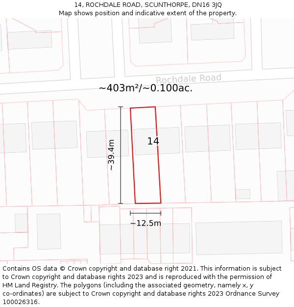 14, ROCHDALE ROAD, SCUNTHORPE, DN16 3JQ: Plot and title map