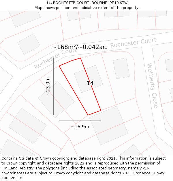 14, ROCHESTER COURT, BOURNE, PE10 9TW: Plot and title map