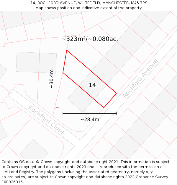 14, ROCHFORD AVENUE, WHITEFIELD, MANCHESTER, M45 7PS: Plot and title map