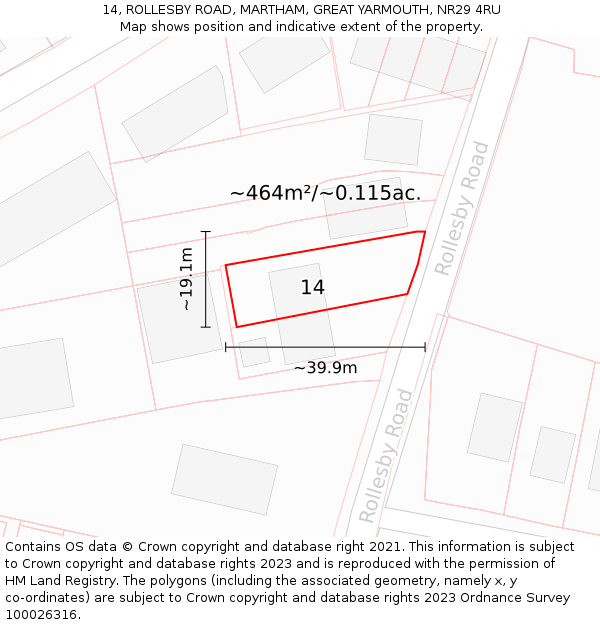 14, ROLLESBY ROAD, MARTHAM, GREAT YARMOUTH, NR29 4RU: Plot and title map