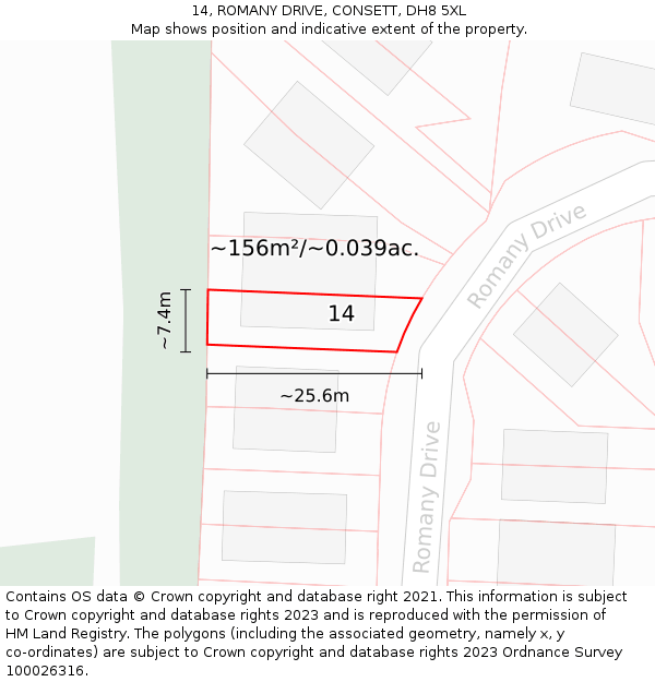 14, ROMANY DRIVE, CONSETT, DH8 5XL: Plot and title map