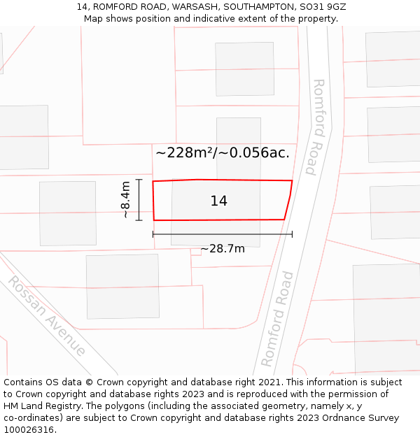 14, ROMFORD ROAD, WARSASH, SOUTHAMPTON, SO31 9GZ: Plot and title map