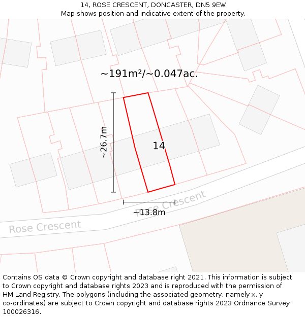 14, ROSE CRESCENT, DONCASTER, DN5 9EW: Plot and title map