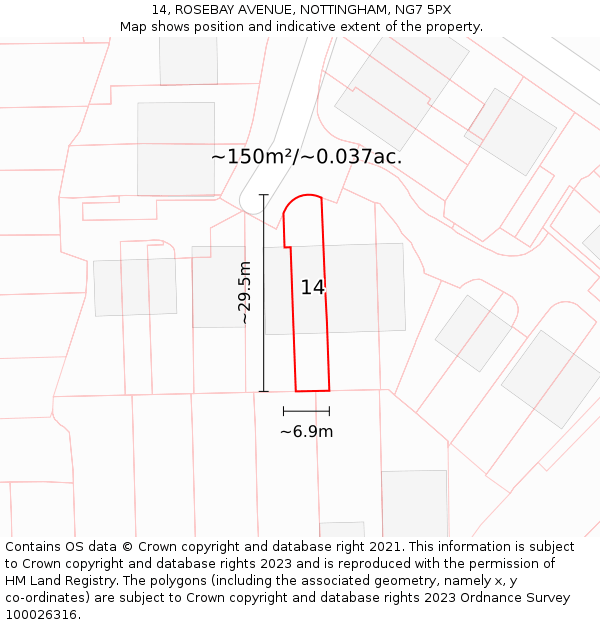 14, ROSEBAY AVENUE, NOTTINGHAM, NG7 5PX: Plot and title map