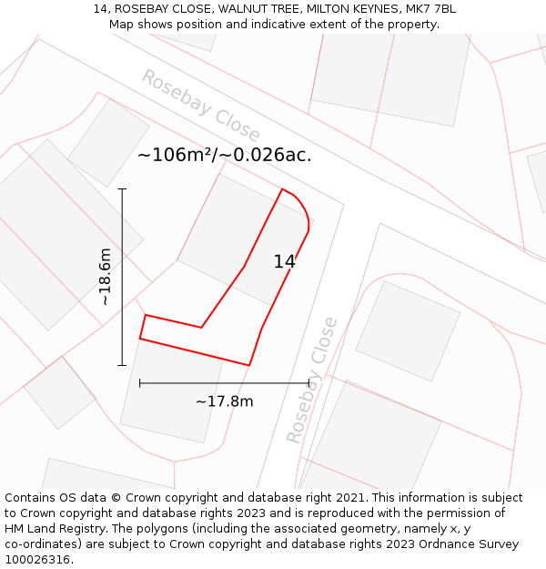 14, ROSEBAY CLOSE, WALNUT TREE, MILTON KEYNES, MK7 7BL: Plot and title map