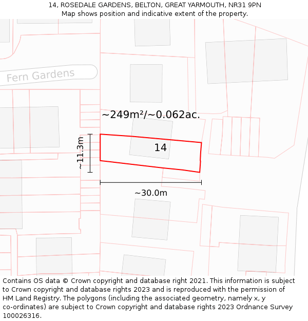 14, ROSEDALE GARDENS, BELTON, GREAT YARMOUTH, NR31 9PN: Plot and title map