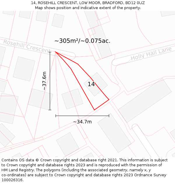 14, ROSEHILL CRESCENT, LOW MOOR, BRADFORD, BD12 0UZ: Plot and title map